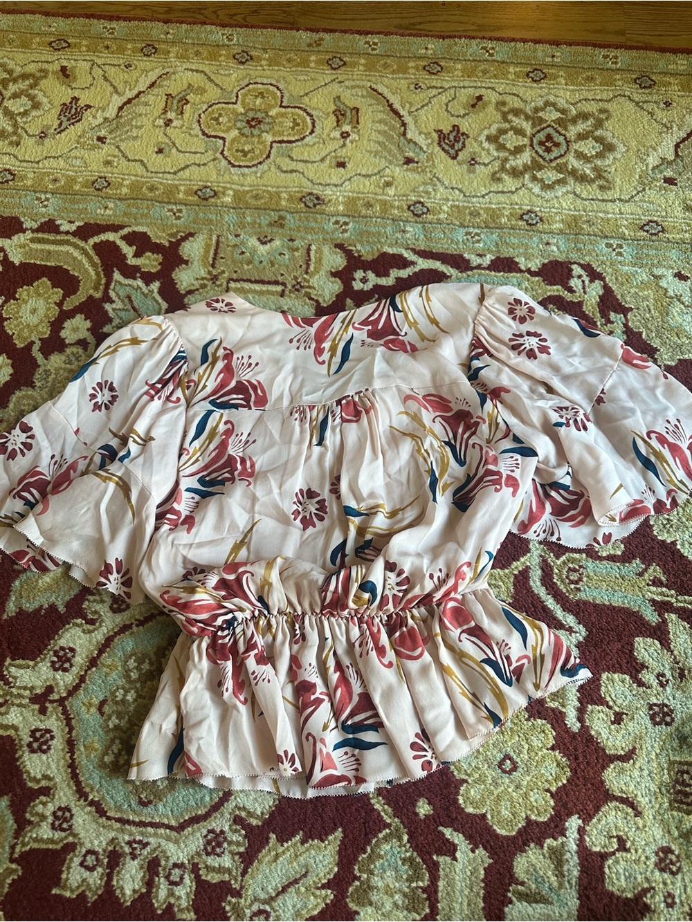 Joie Cream Floral Wrap Peplum Top with Pink, Blue & Mustard Print - Picture 5 of 5